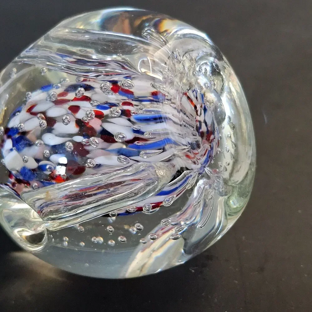 Vtg Murano Glass Paperweight Red White Blue Controlled Bubbles Pen Pencil Holder